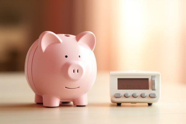 Heating thermostat with piggy bank and money, expensive heating costs concept