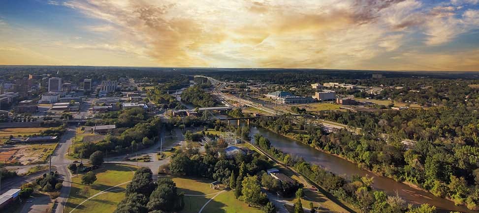 an aerial shot of a gorgeous autumn landscape at Carolyn Crayton macon aerial